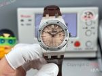 High Quality Replica AUDEMARS PIGUET Royal Oak Brown Leather Strap Rose Gold Grande Tasserie Grid Pattern Face Dial Silver Hexagonal Screw Fixed Case Watch 33mm